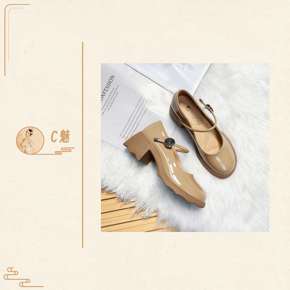 【C魅甄选】5cm漆皮圆头玛丽珍鞋女2024春夏粗跟浅口低跟一字带