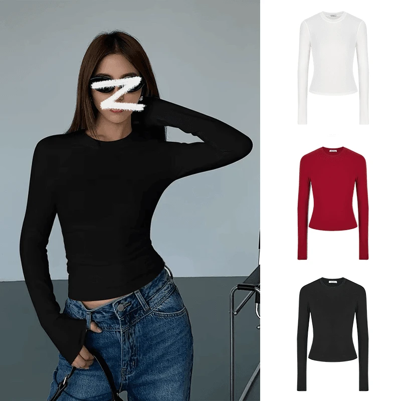 辣妹紧身掐腰正肩长袖T恤女春秋新款修身显瘦内搭圆领打底衫上衣