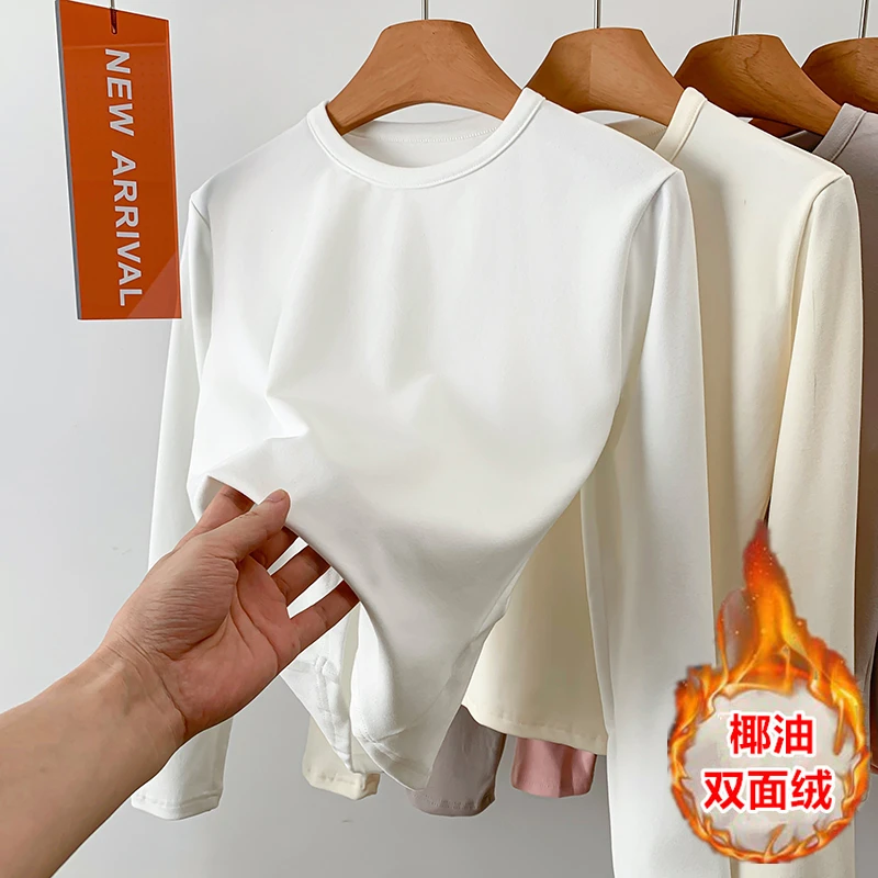 椰油绒圆领打底衫女2024新款秋冬高级感修身显瘦保暖长袖内搭上衣