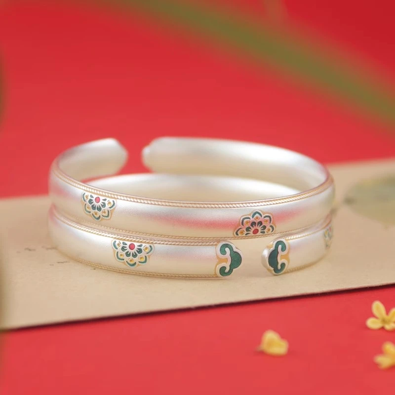 足银手镯 如意开口银手镯999实心珐琅彩古法足银镯子母亲节送妈妈