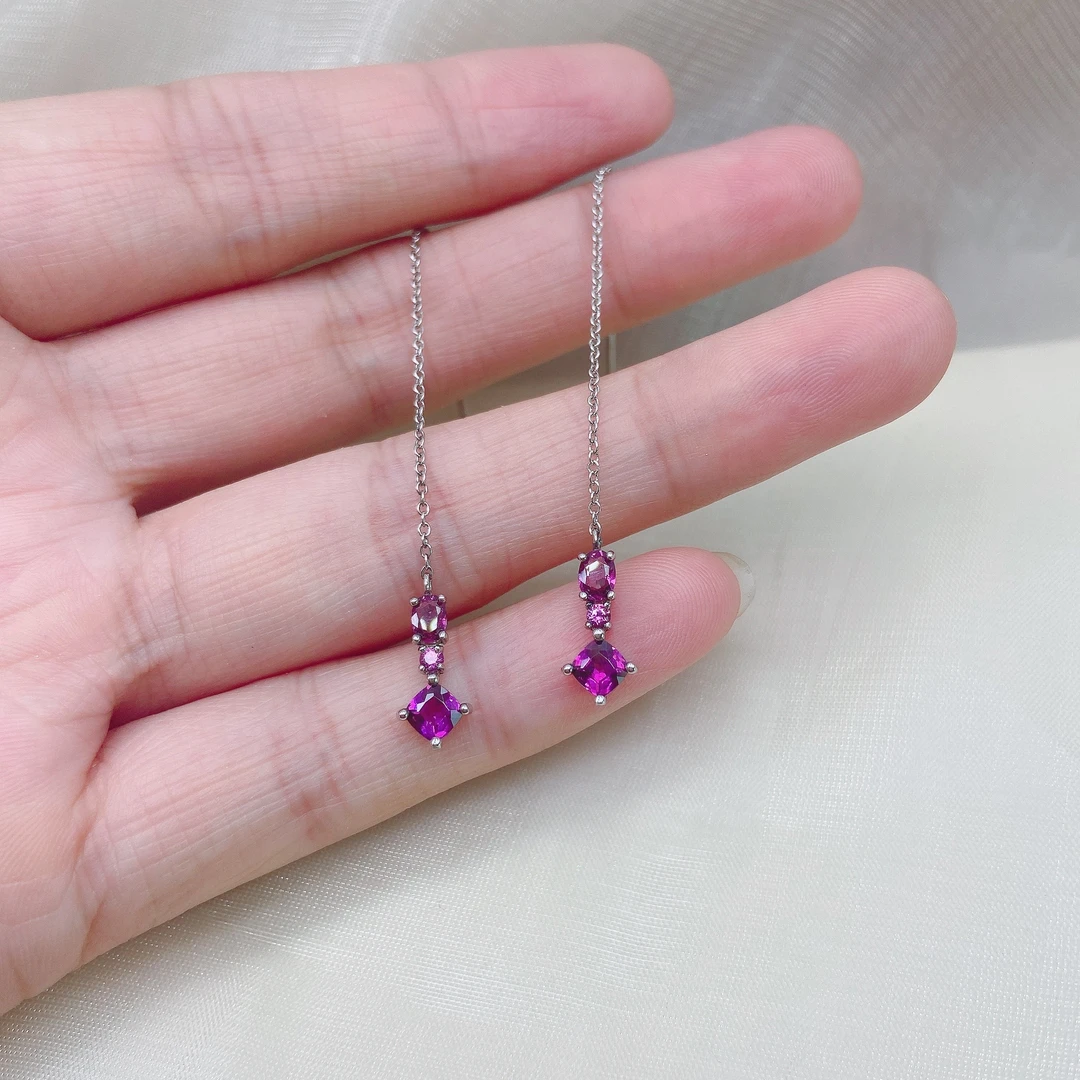 银时空S925银镶嵌紫牙乌石榴石耳线经典时尚百搭紫色女士耳饰