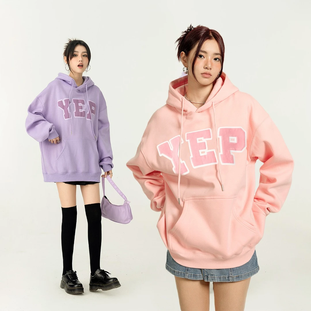 清仓YEP植绒发泡印花连帽卫衣女春装上衣ins潮牌情侣时尚外套宽松