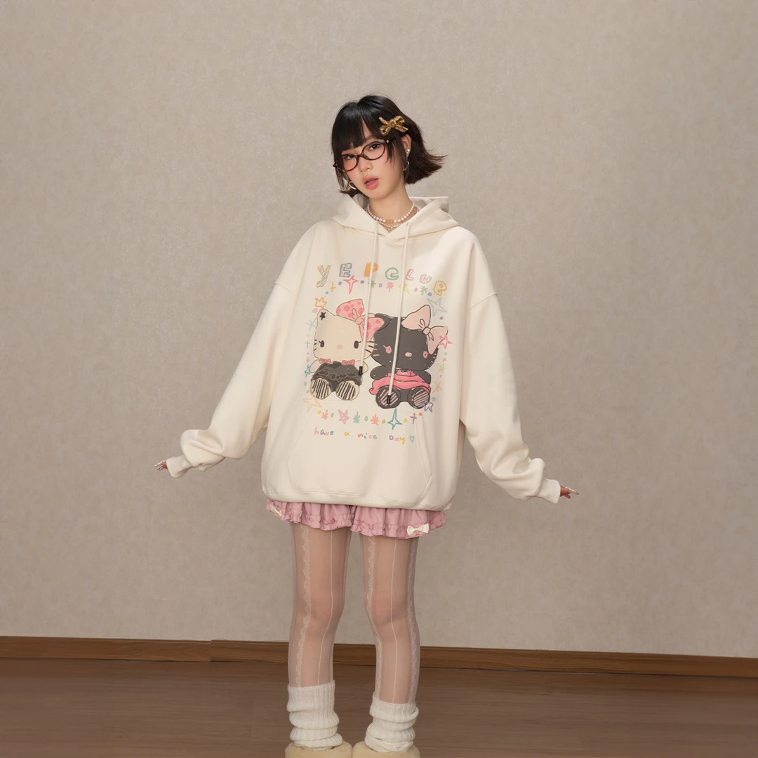 YEP卡通少女心印花连帽卫衣女早秋新款宽松复古外套街头潮牌帽衫