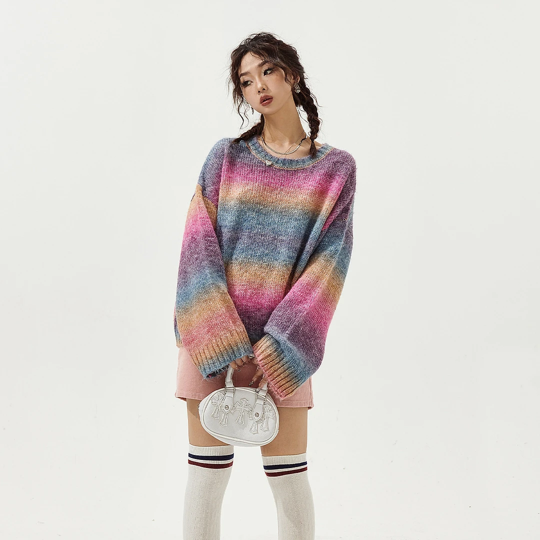 清仓-YEP慵懒风条纹软糯毛衣女短款秋冬套头复古毛毛针织衫多色