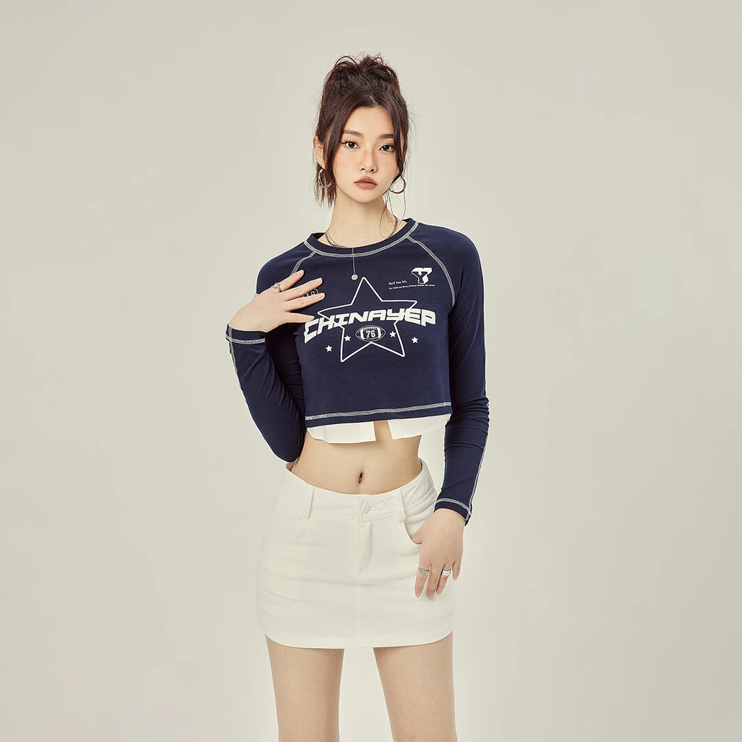 清仓-新款美式复古长袖T恤女春秋内搭打底辣妹修身短款露脐上衣