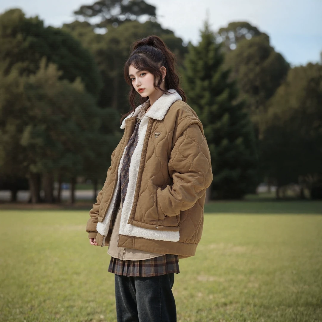 复古葫芦格拼接棉服女冬季夹棉美拉德外套宽松2025年新款绗棉棉衣