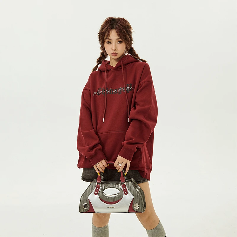 YEP复古酒红色连帽卫衣女2025年新款秋冬加绒印花宽松潮牌上衣