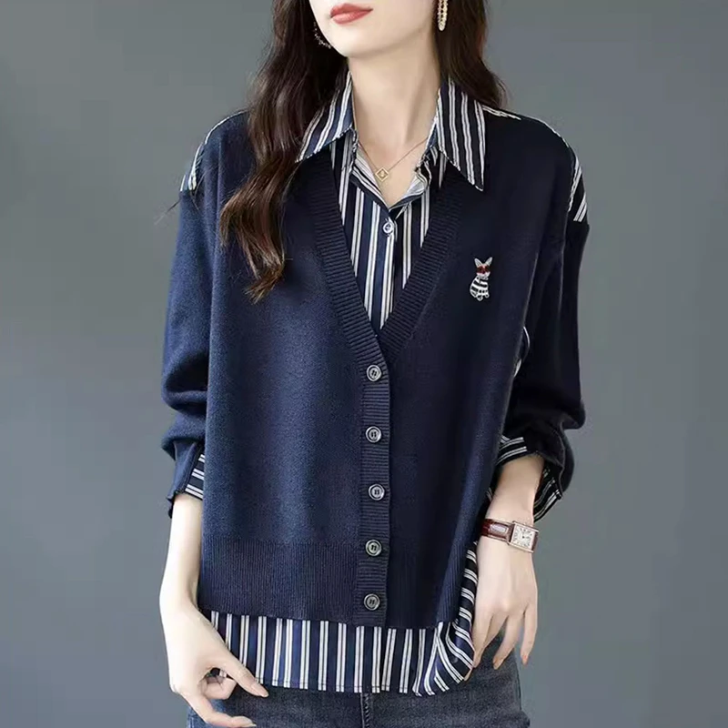 条纹衬衫女2024春秋新款胖妹妹设计感小众针织拼接假两件上衣衬衣