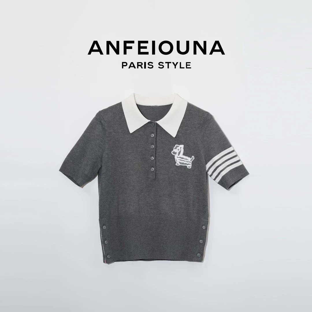 2025新款OLO领小狗刺绣短袖针织衫T恤上衣女士3075