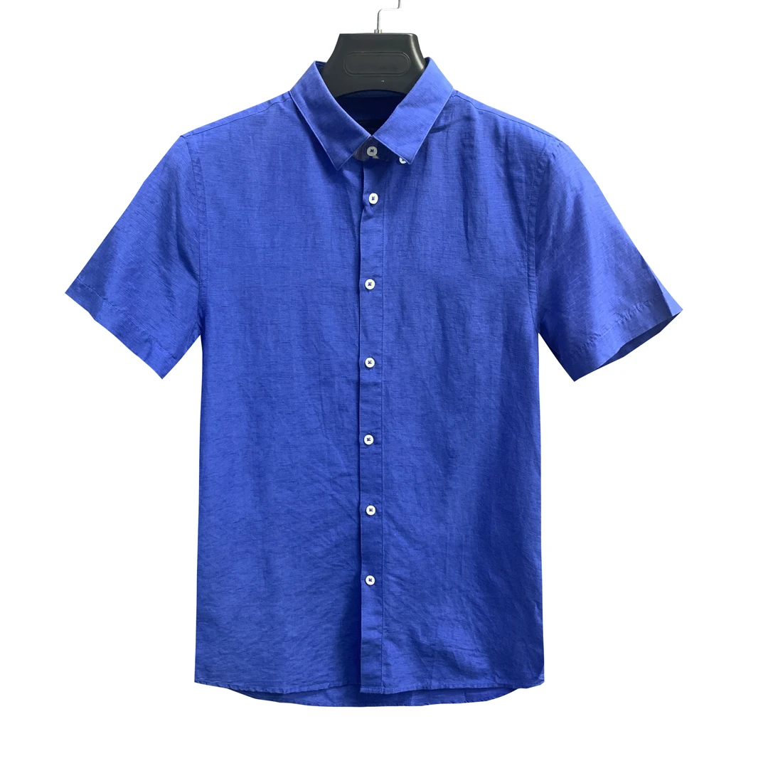 堡家【棉+桑蚕丝】蓝色纯色衬衣短袖衬衫春夏休闲男款363B91A