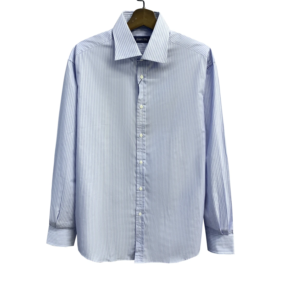 A爱其【手工缝线+贝壳扣】蓝紫色条纹进口100长绒棉男百搭衬衫1998