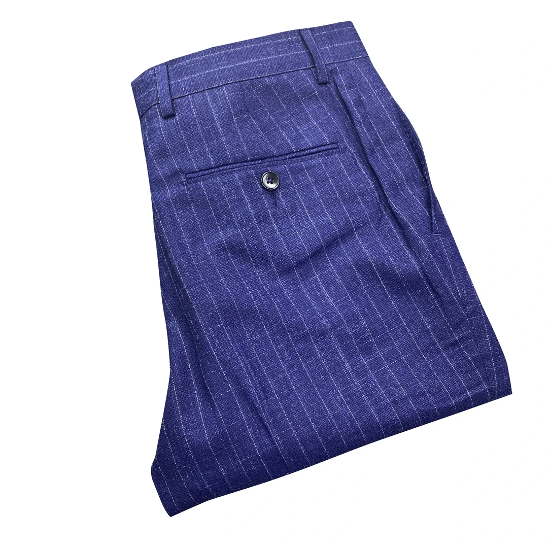 鸟【绵羊毛+亚麻+苎麻】蓝色竖条四季款商务弹力男士西裤XK002