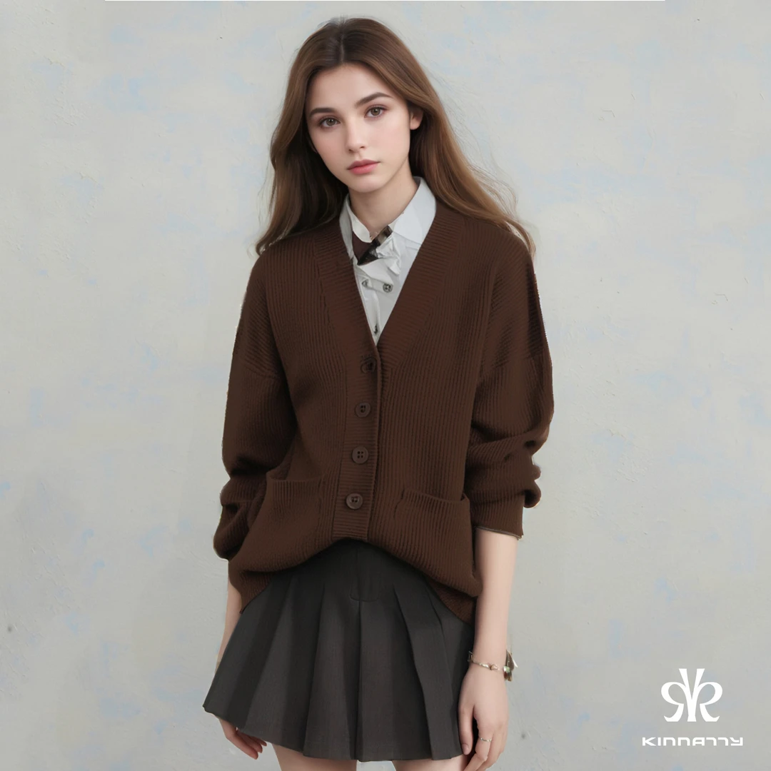 KINNATTY官方品牌店2024秋季新品纯色宽松简约廓形V领大开衫女士