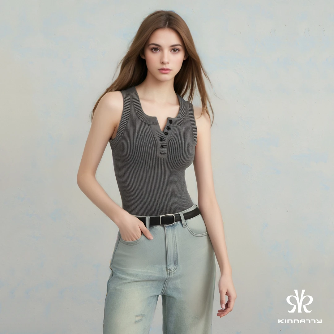 KINNATTY官方品牌店2024秋季新品百搭复古无袖修身针织短款背心女