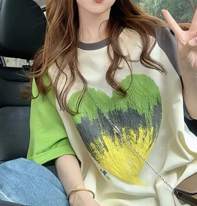 夏季新品多巴胺撞色插肩袖渐变爱心宽松遮屁小个子中长款短袖T恤