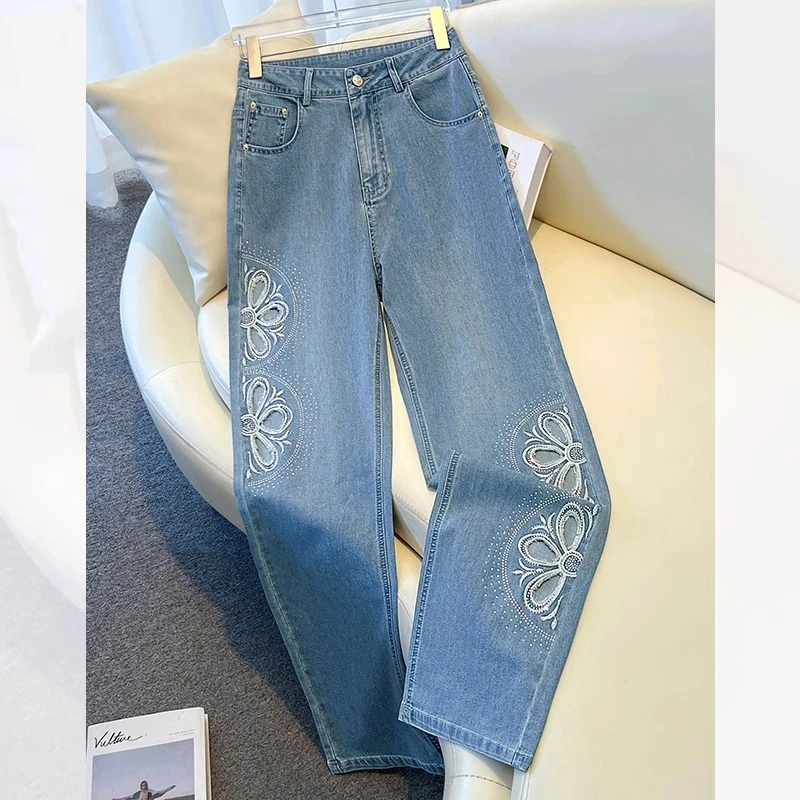 2024新款国风烫钻刺绣阔腿牛仔裤女秋季薄款高腰小个子复古直筒裤