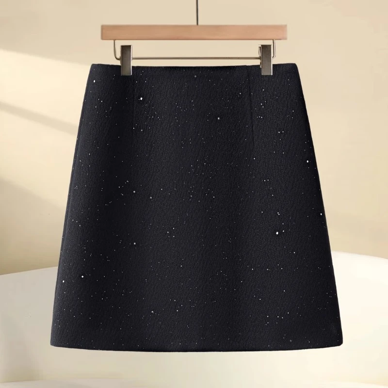 亮片毛呢半身裙女秋冬季2024新款高腰显瘦包臀裙韩系黑色a字短裙