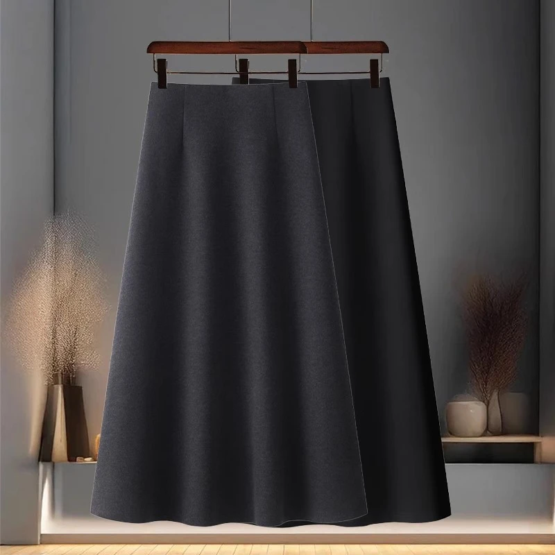 黑色毛呢半身裙女秋冬季2024新款高腰显瘦中长a字裙今年流行伞裙