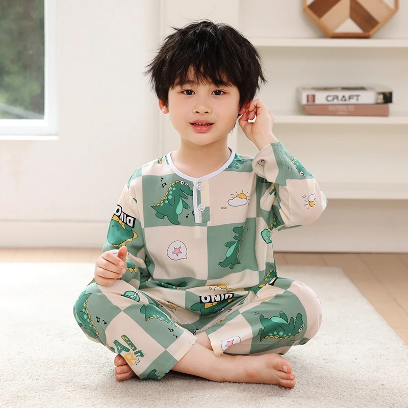 夏季儿童棉绸睡衣男童女童夏天薄款男孩子宝宝绵绸空调家居服套装