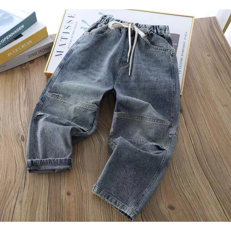 9053男童春秋百搭牛仔裤2024儿童复古做旧长裤子中大童宽松休闲老