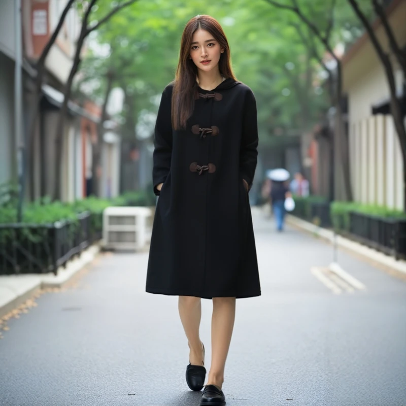 120-350斤大码女装秋冬款胖妹妹加厚外套长款牛角扣呢子连帽大衣