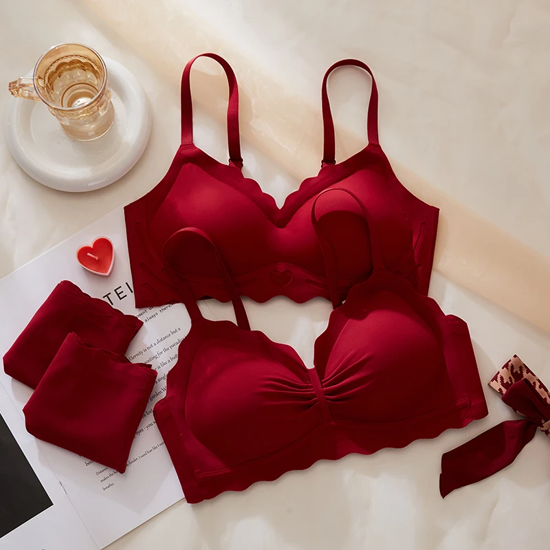 红色内衣女士本命年结婚新娘无痕小胸聚拢防下垂无钢圈性感文胸罩