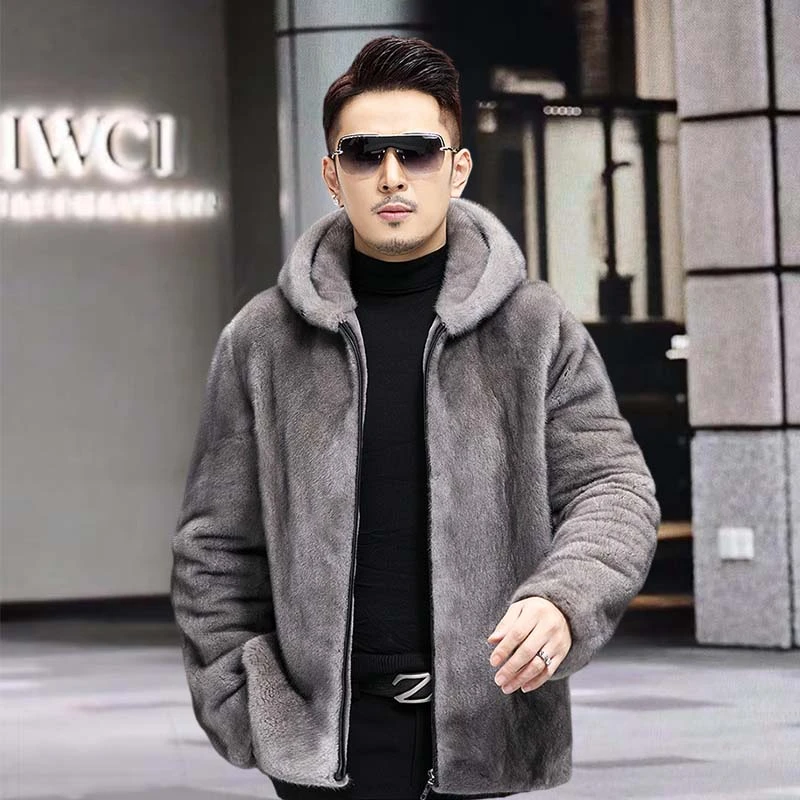 美国金牌貂皮原色铁灰本色蓝宝石大衣男士冬季连帽款原色进口整貂