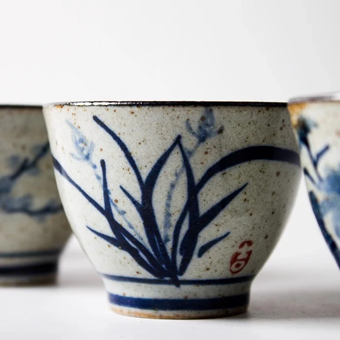 手工粗陶品茗杯仿古青花瓷茶杯手绘陶瓷茶具小杯禅意功夫茶具单杯