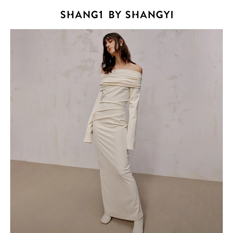 SHANG1 BY SHANG YI翻领一字肩开衩长袖连衣裙S23BD15