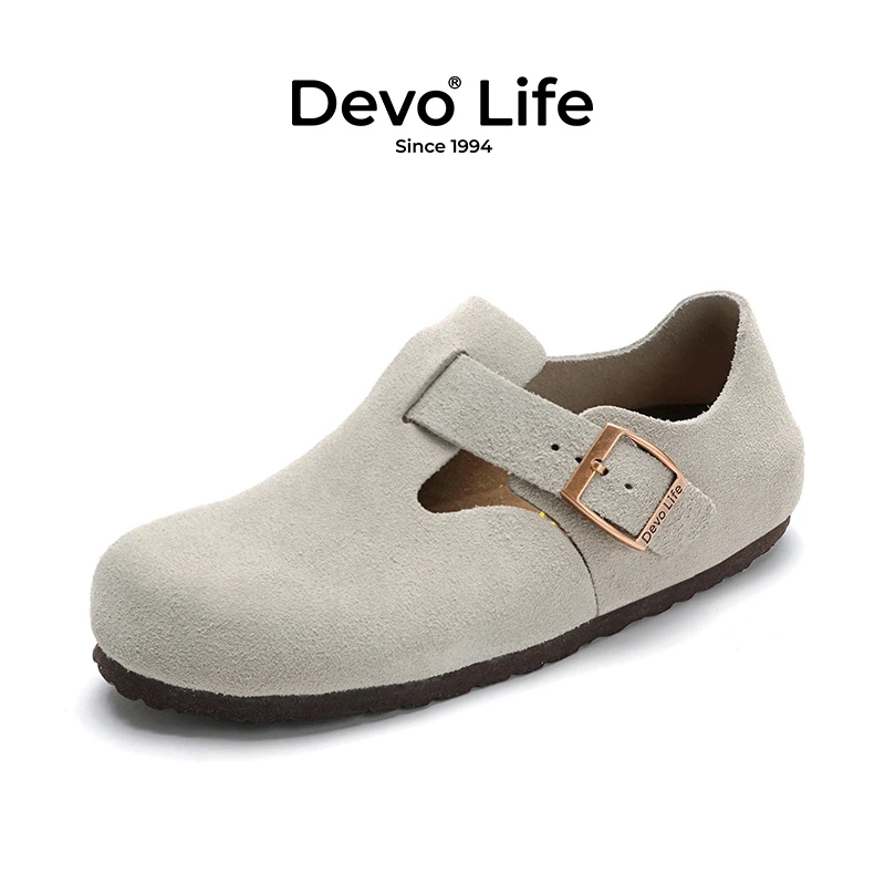 Devo/的沃勃肯鞋女款软木鞋反绒平底圆头复古情侣时尚单鞋66008