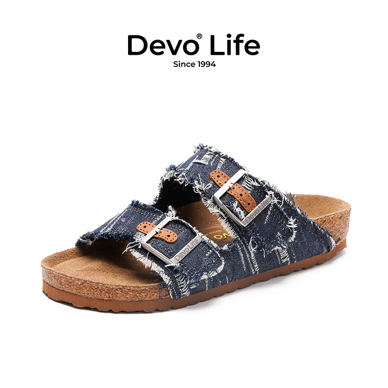 Devo/的沃软木鞋牛仔布平底外穿套脚休闲夏季时尚一字拖女鞋22008