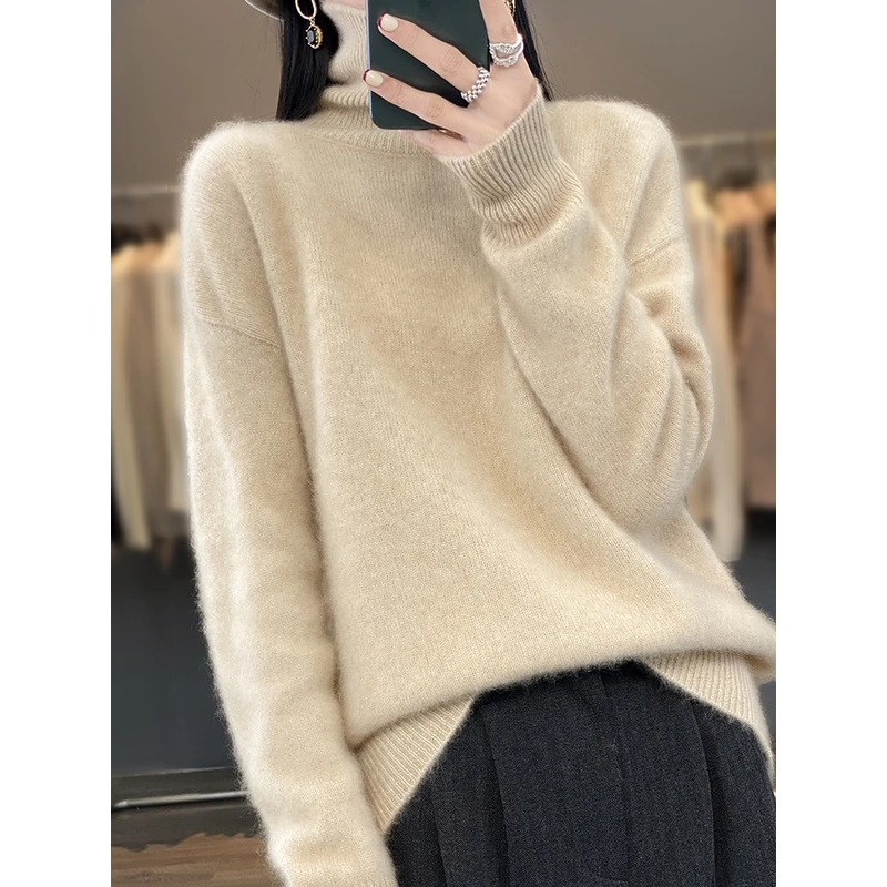 秋季新款高翻领100%纯羊毛衫女士套头纯色百搭针织打底衫宽松毛衣
