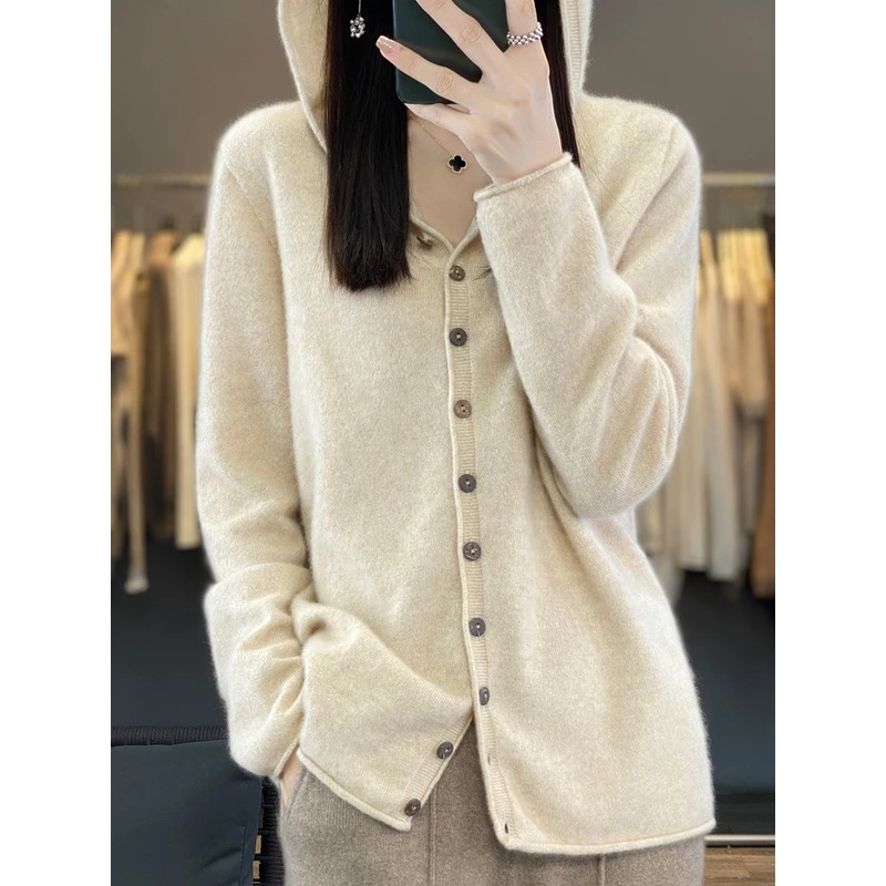 一线成衣连帽针织开衫女100%纯羊毛衫宽松休闲毛衣秋冬新款打底衫
