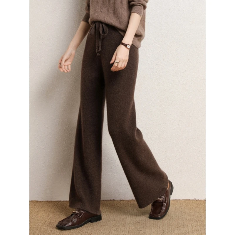 100%纯羊毛裤女百搭休闲阔腿裤秋冬宽松外穿针织拖地裤打底长裤