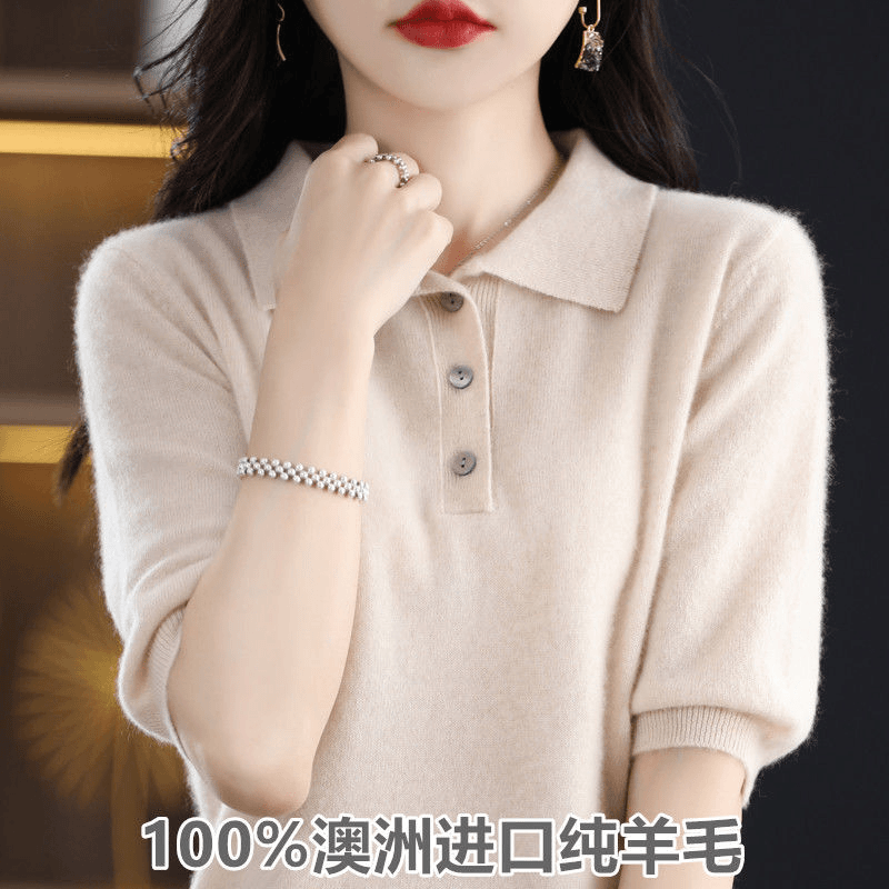 100%纯羊毛衫女POLO领系扣毛衣短袖翻领针织羊绒衫半袖打底衫T恤