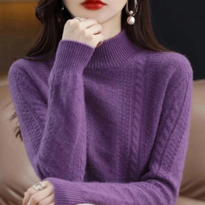 【重磅加厚】100%纯羊毛衫女高领套头加厚毛衣新款提花针织打底衫
