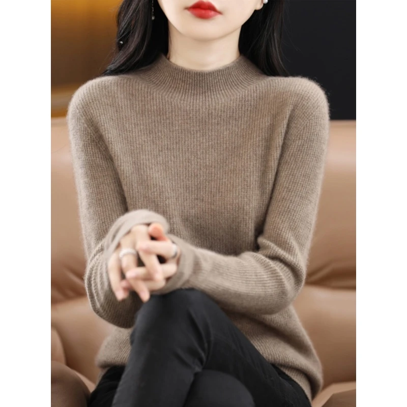 两面穿一线成衣纯羊毛衫女半高领宽松毛衣秋冬简约百搭针织打底衫