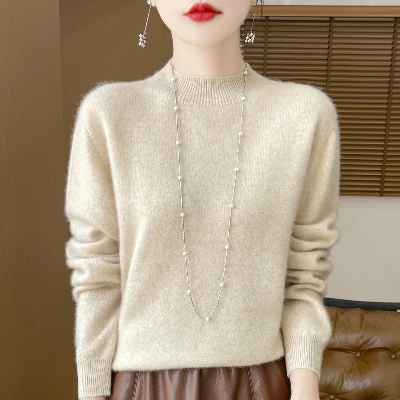 【一线成衣】100%纯羊毛衫女半高领套头宽松毛衣纯色长袖针织打底