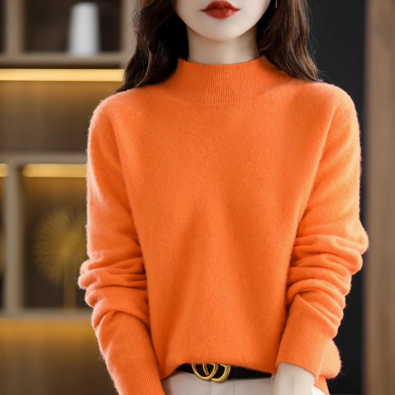 【反季清】一线成衣100%纯羊毛衫女半高领套头针织打底衫宽松毛衣