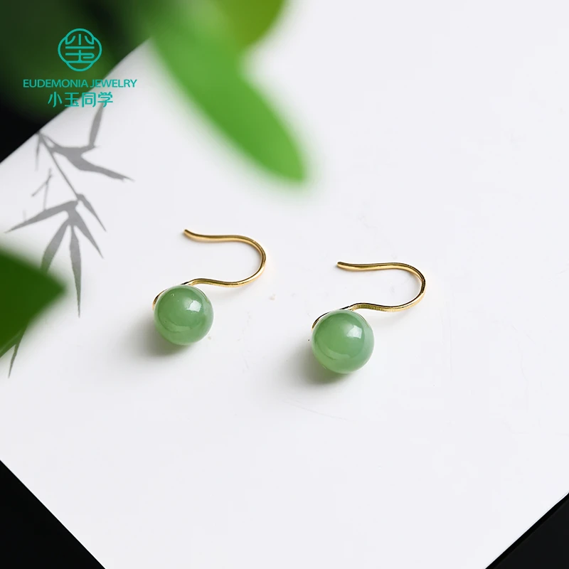 锦瑟流年*s925银和田玉碧玉圆珠耳环 百搭简约 时尚小众