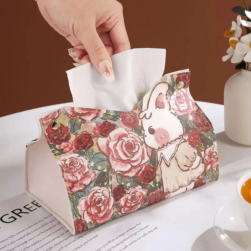 【张张家居】ins高颜值郁金香创意纸巾盒玫瑰庄园兔皮革纸巾盒