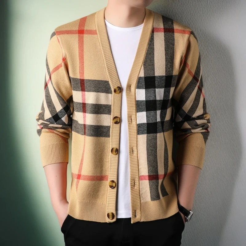 春秋季格子开衫针织衫外套男时尚休闲百搭外穿潮流长袖帅气修身