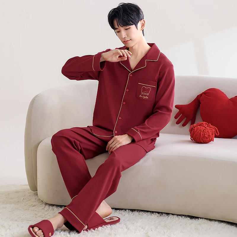 红色睡衣男款春秋季纯棉长袖本命年卡通可爱翻领新郎家居服秋冬款