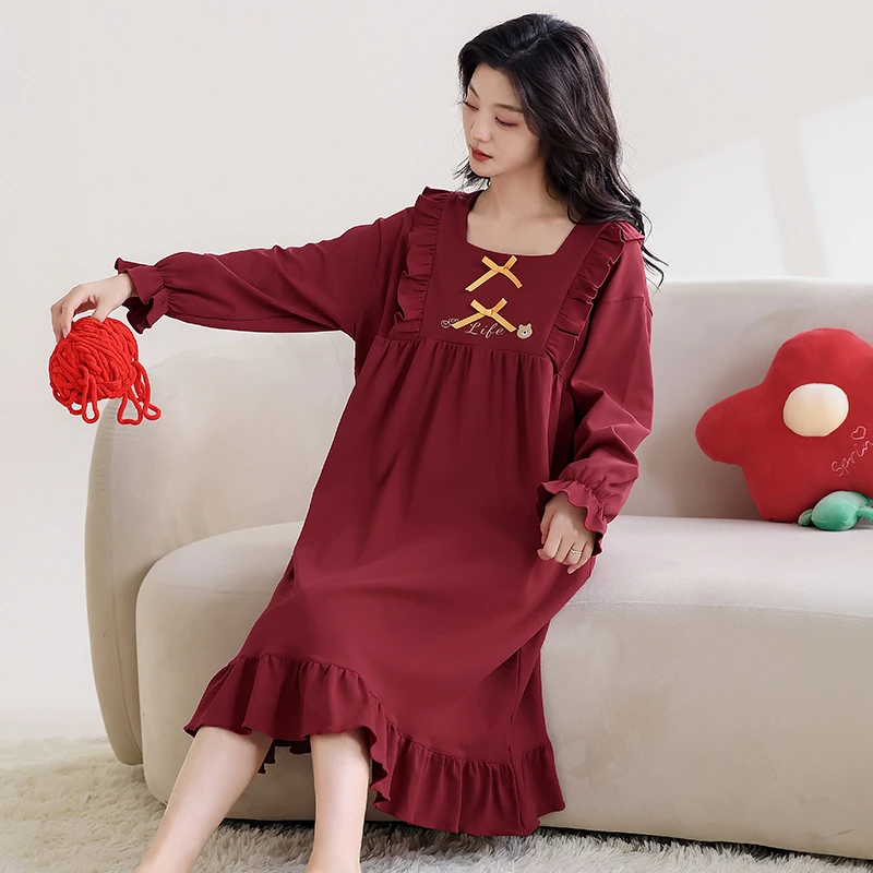 红色睡裙女春秋季纯棉长袖法式公主风本命年结婚中长款婚礼家居服