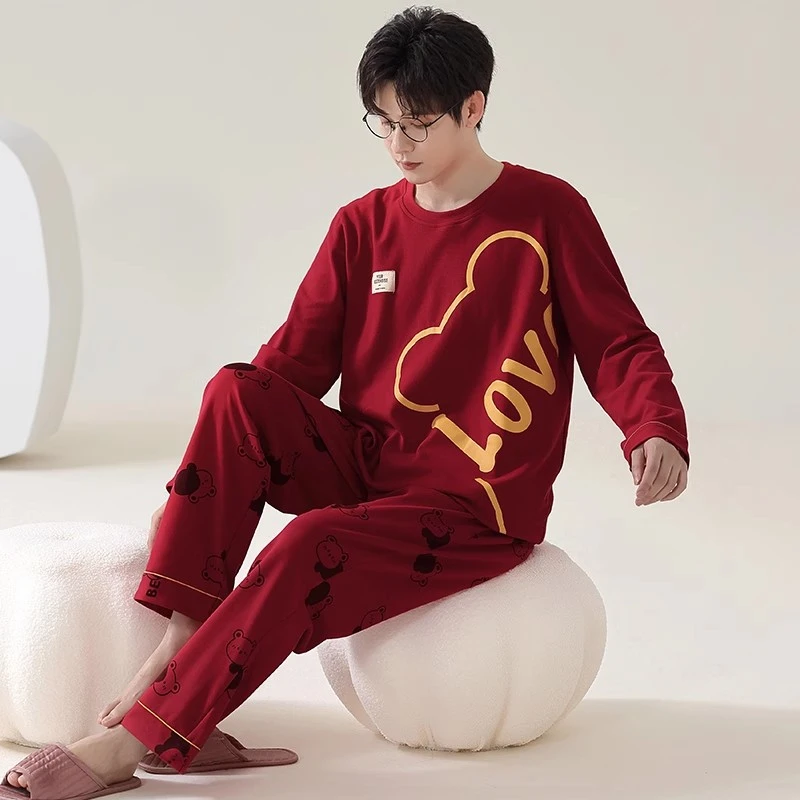 红色男士睡衣春秋季纯棉长袖卡通本命年时尚青年结婚家居服两件套