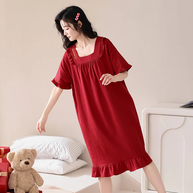 睡裙女夏季纯棉短袖红色本命年睡衣甜美公主风宽松结婚新婚家居服