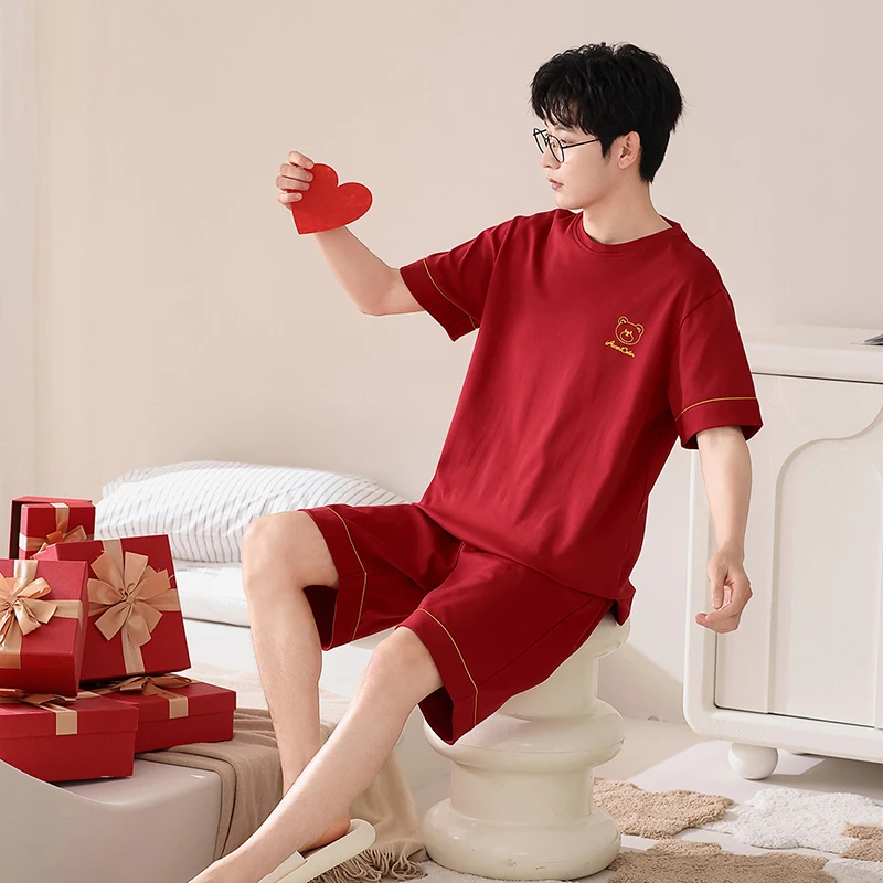 2025新款红色男士睡衣夏季纯棉短袖本命年喜庆结婚新婚家居服套装