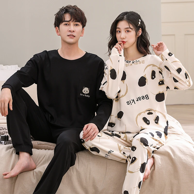 情侣睡衣春秋季纯棉长袖套头熊猫卡通可爱男女全棉家居服套装秋冬