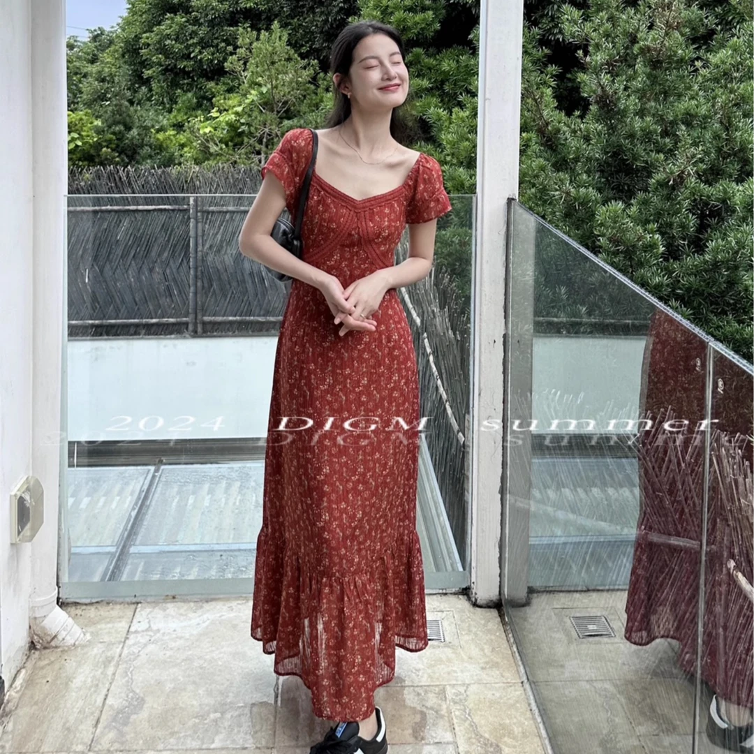 【红裙子】夏季韩版气质复古法式长款修身方领长款长裙连衣裙