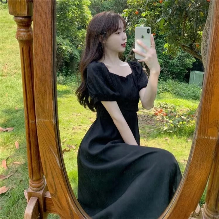 莉莉【气质连衣裙】夏季韩版时尚复古双配色收腰显瘦气质连衣长裙子